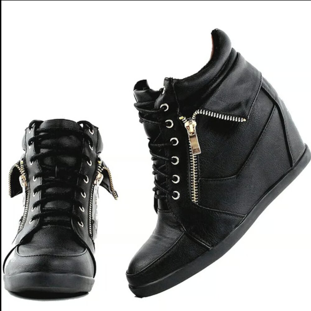 Lucky Top Kids Girls Leatherette Lace-Up High Top Hidden Wedge Black Sneakers